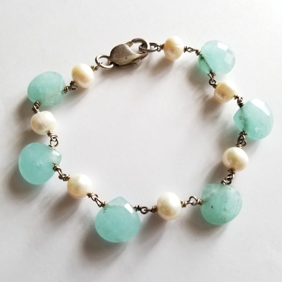 Chalcedony and pearl bracelet .925 sterling silver real mint sea white bead - Picture 1 of 16